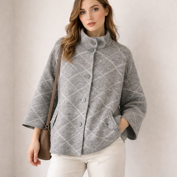 Tahari Oversized Wool Blend Jacket Diamond Knit High Neck M